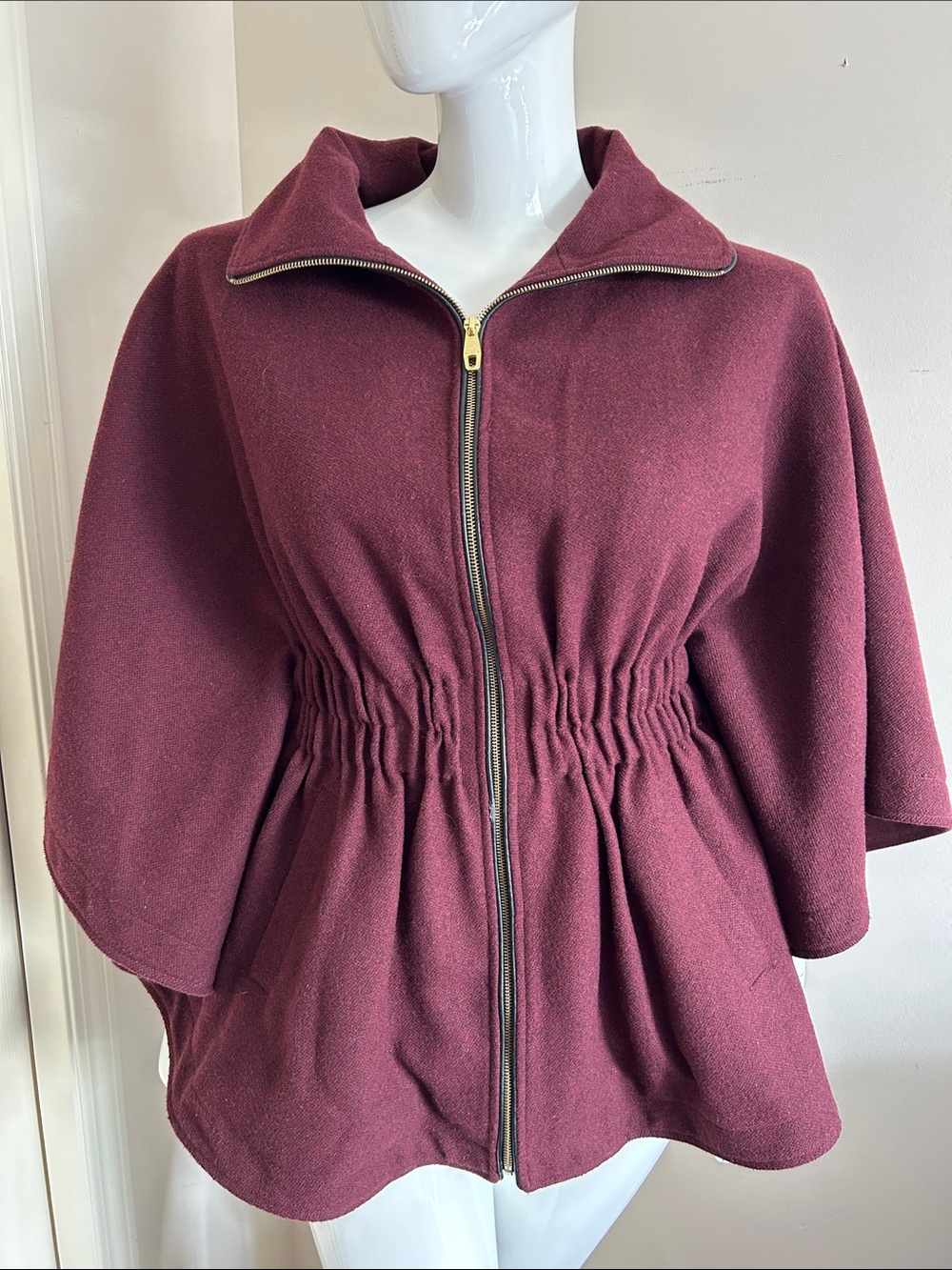 Steve Madden Burgundy Zip-Front Gathered-Waist Cape Jacket